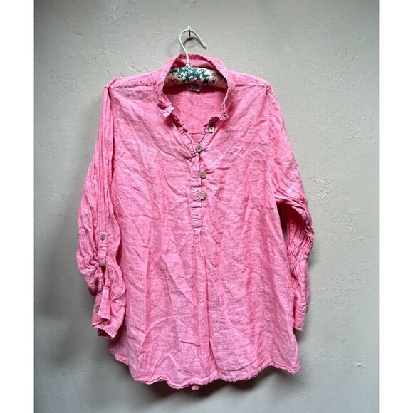 Sigrid Olsen Women's Plus Size 1X Red Linen Roll-Tab Sleeve Button-Up Blouse - Picture 1 of 7